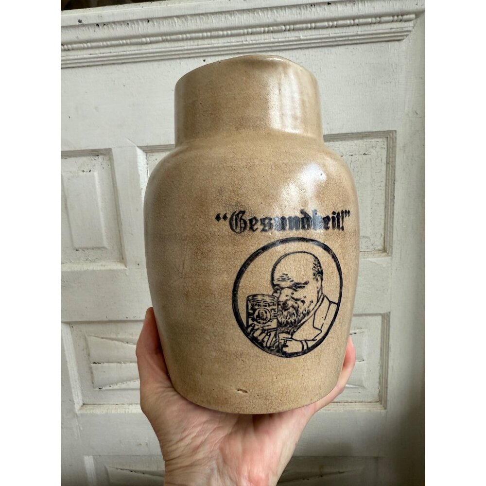 Antique 20's Gesundheit Malt Stoneware Beer Pitcher
